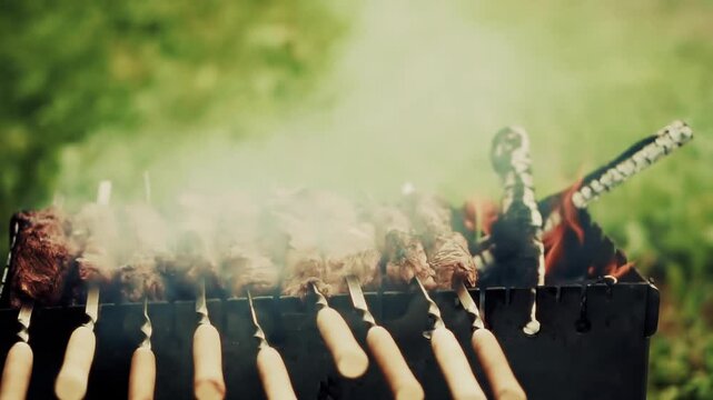 Meat Skewers Grilling On Charcoal Barbecue Grill With Smoke Outdoors 