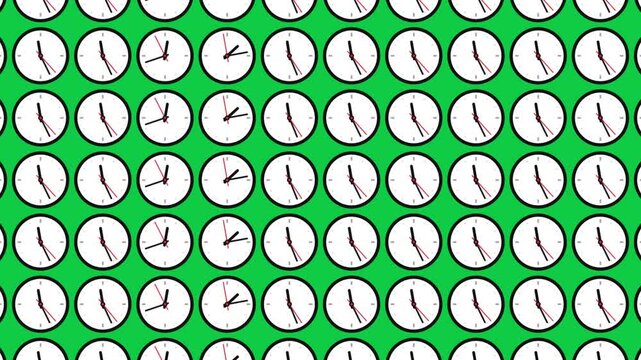 Ticking clock pattern grid animation with moving hands on a bright green screen background