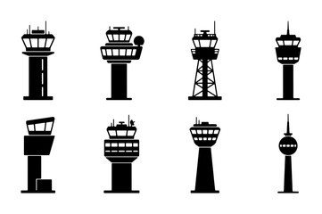 Obraz premium Air Traffic Control Tower Icons Set, Airport Navigation Building Silhouettes, Aviation Communication Structures Collection, Vector Graphics