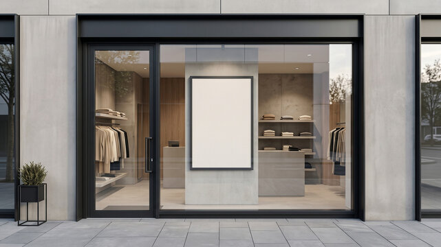 Modern clothing store window display mockup featuring a blank vertical poster frame in a stylish boutique exterior