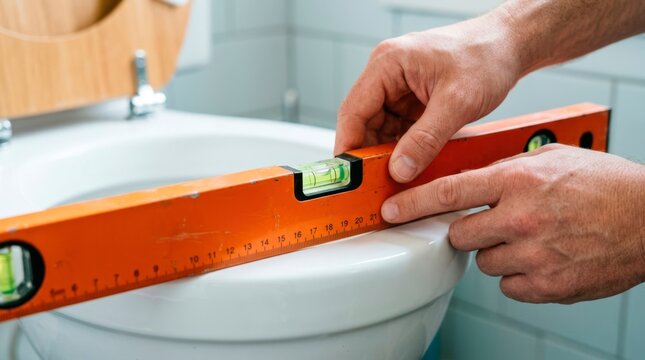 Professional worker using an orange spirit level across a white ceramic toilet bowl rim to ensure perfect horizontal alignment.