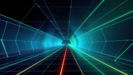 Fototapeta premium Neon grid tunnel extends into darkness. Bright lines converge toward distant point, creating futuristic effect. Vivid colors dominate scene.