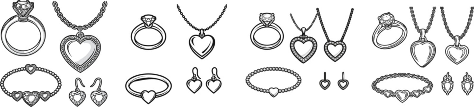 A black and white vector icon set of love jewelry features a diamond ring, heart-shaped locket necklace, heart bracelet with three heart charms, and matching earrings against a clean white background