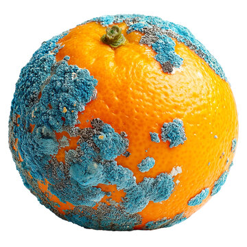 Single bright orange fruit with large spreading patches of blue green mold, showcasing decay and texture. vibrant contrast highlights natural process of spoilage.single bright orange, isolated