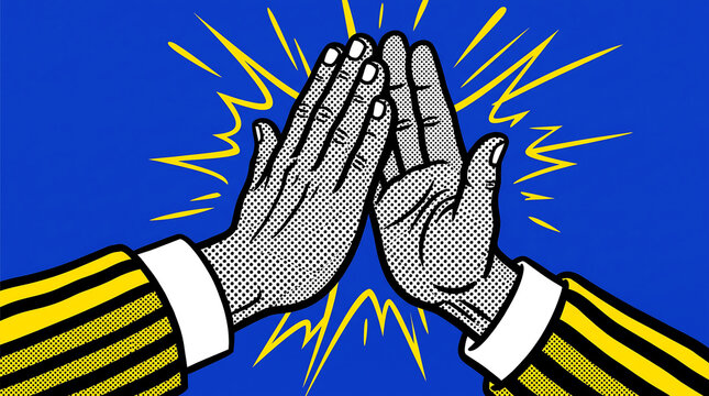 Pop art illustration of two hands clapping together with dynamic yellow starbursts against a vibrant blue background for celebration concepts