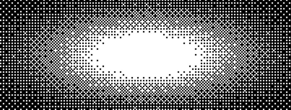 Radial dither pixel background with bitmap transition gradient. Halftone texture with retro game effect.