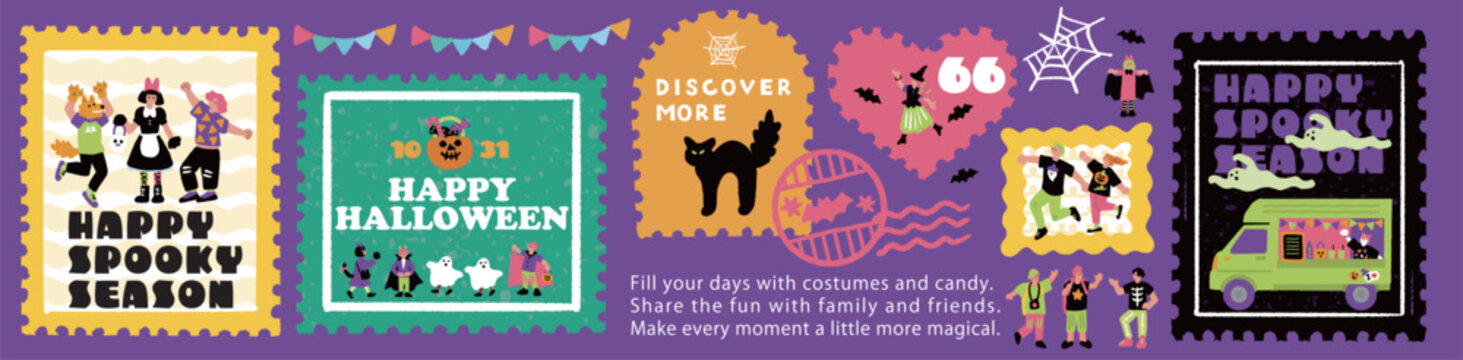 「HAPPY SPOOKY SEASON」ハロウィンをテーマにした切手風バナーイラスト