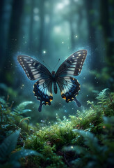Fototapeta premium Magical butterfly in enchanted forest, fantasy nature and mystical wildlife, glowing insect with sparkling light in dark woods