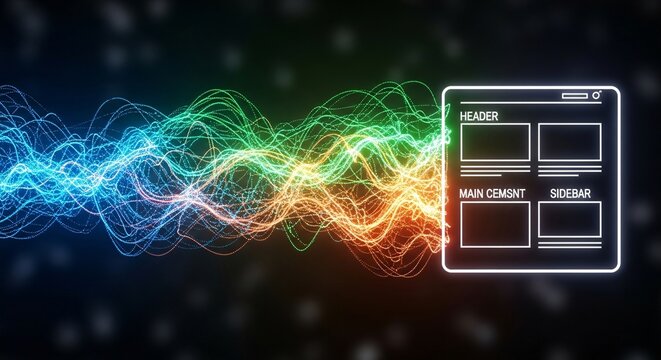 Vibrant digital data stream connecting to a glowing abstract webpage layout, illustrating information flow and web development concepts.