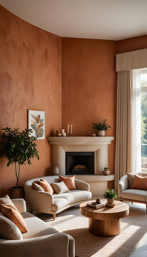 Living room featuring organic design and modern comfort, with natural light illuminating terracotta walls, contemporary furniture, a stylish fireplace, and indoor plants