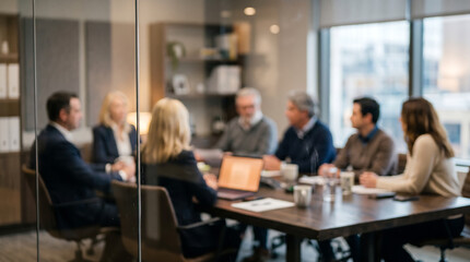 Fototapeta premium Blurred business meeting with diverse professionals collaborating around a conference table in a modern office setting with natural light