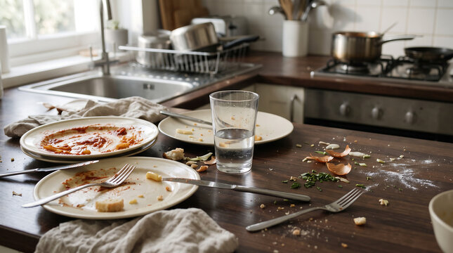 Messy kitchen wooden countertop with dirty plates leftover food scraps and used cutlery after meal in home interior