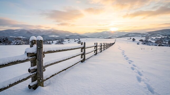 long fence covered snow