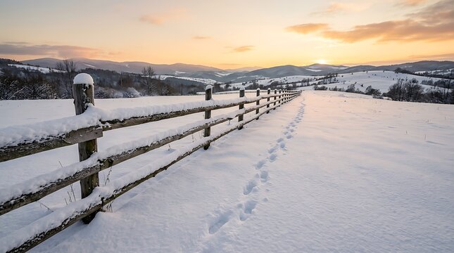 long fence with snow