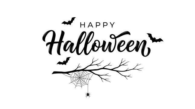 Minimalist black and white hand lettered happy halloween background featuring flying bats and a bare tree branch design isolated on a clean white graphic backdrop