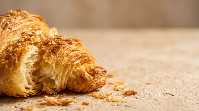 fresh baked croissant closeup showing flaky layers and crumbs