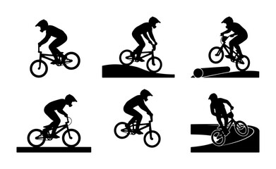 Fototapeta premium BMX Bicycle Rider Silhouettes, Extreme Sports Action Poses, Cycling Stunts Vector Set, Dynamic Motion Graphics