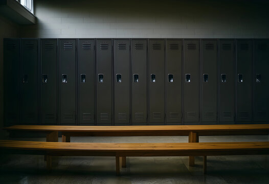 Empty school lockers and wooden benches education system challenges student life and youth issues dark and moody atmosphere