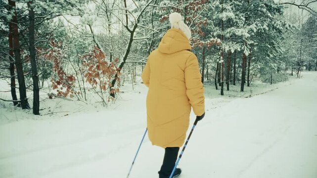 Woman Practicing Nordic Walking With Poles On Snow Covered Path In Winter Forest