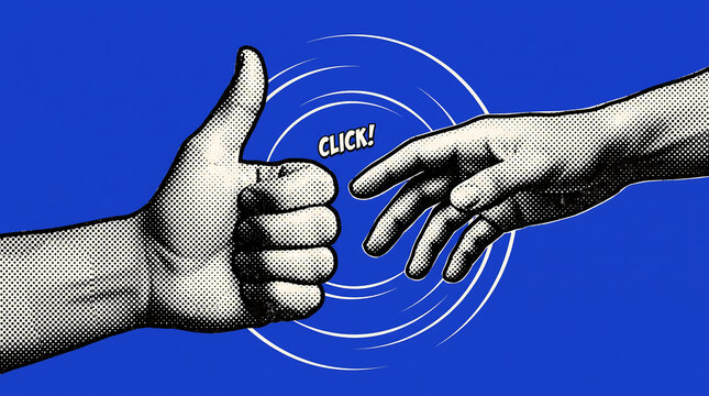 Pop art illustration of two hands almost touching with a thumbs up and a click sound effect on a blue background