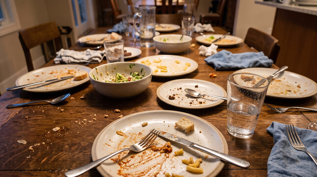 A candid shot capturing the aftermath of a hearty family meal, with a wooden dining table completely covered in a chaotic array of dirty plates, bowls, and used cutlery, awaiting the task of cleanup
