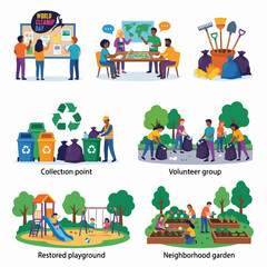 Fototapeta premium Volunteer group cleaning park and recycling waste in community environmental vector set