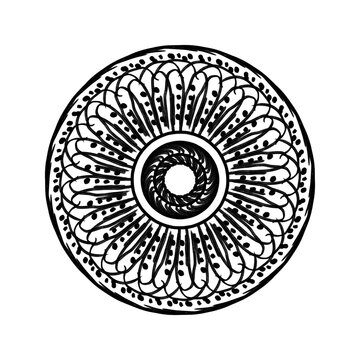 Ornament with circular patterns showcases an intricate arrangement of repeating leaf shapes and dotted textures.
