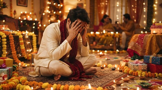 A man sitting on the floor in a traditional indian home during diwali, looking stressed and overwhelmed amidst festive decorations and gifts