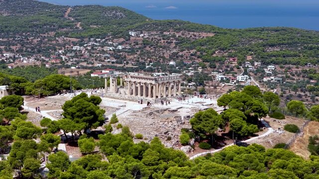 Aerial view of the ancient Temple of Aphaia at the Greek island of Aegina, Saronic Gulf, Greece