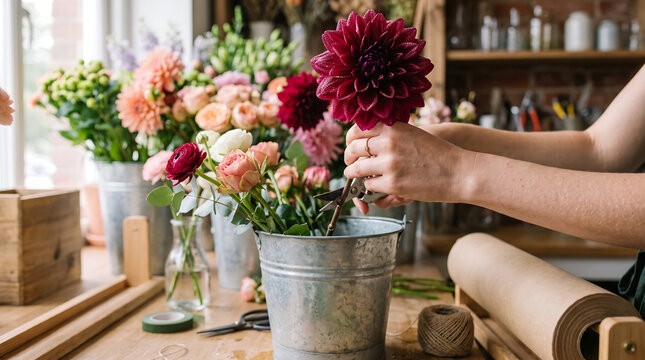 Florist arranging fresh dark red dahlia and roses in a metal bucket at a workshop table