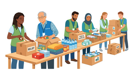 Fototapeta premium Diverse group of volunteers packing food donation boxes in a community service event.