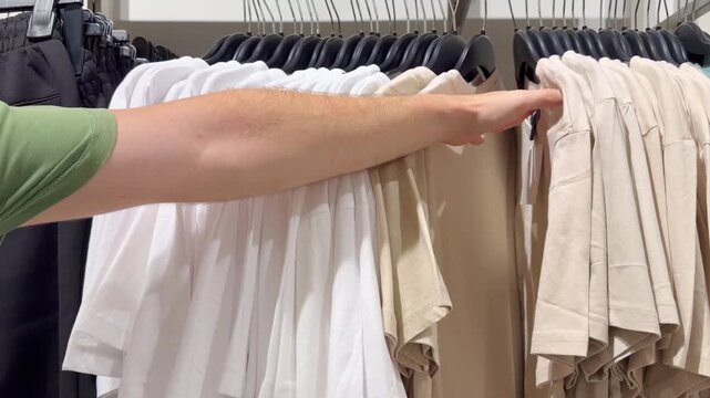 Assorted Casual Clothes on Store Racks.Hand Choosing Clothes on Hangers in Clothing Boutique &ndash; Casual Wear Selection