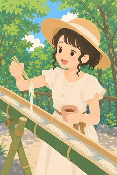 Young Japanese woman enjoying nagashi somen flowing noodles in summer