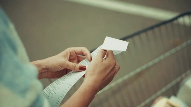 Customer Checking Long Paper Store Bill Near Shopping Cart 