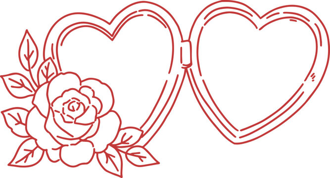 open heart locket with rose and leaves hand drawn illustration