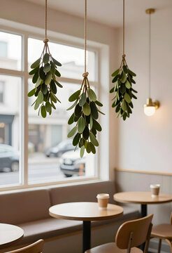 Cozy cafe interior with modern decor, hanging green plants, and empty tables by a window overlooking a city street