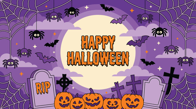 A spooktacular halloween scene a full moon illuminates a graveyard with jack o' lanterns bats and cobwebs creating a festive and eerie atmosphere for