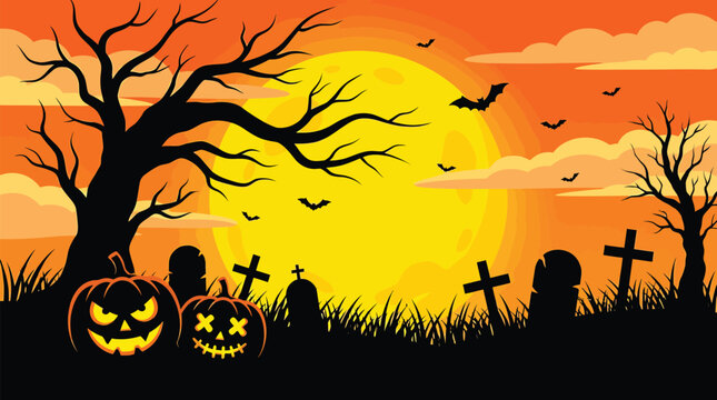 A spooky and eerie halloween night scene featuring a full moon silhouetted trees jack o' lanterns and a graveyard under a dramatic orange sky