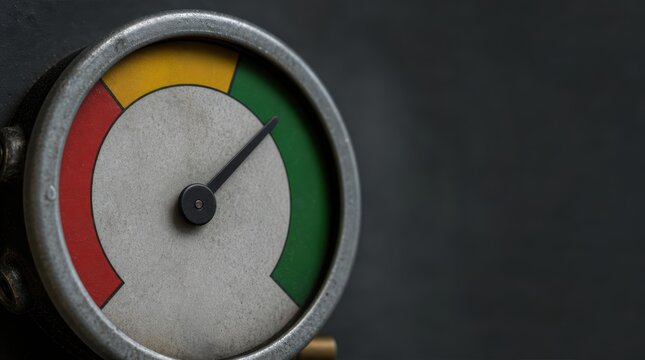 risk management governance optimization. Vintage pressure gauge with needle in the green zone indicating optimal performance or safe pressure level.