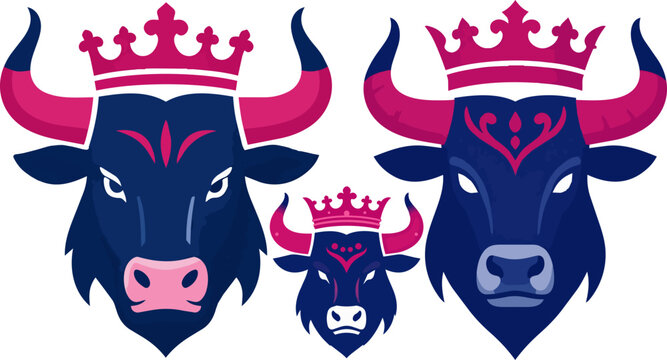 Majestic bull head logo set with royal crowns. Navy blue and pink ox mascot collection. 3 vector bull icons for sports branding.