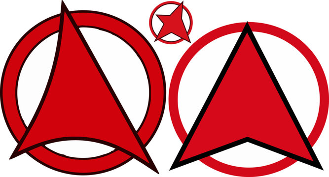 Red arrow logo set, minimalist geometric pointer icons in circles, modern directional symbols for navigation and branding