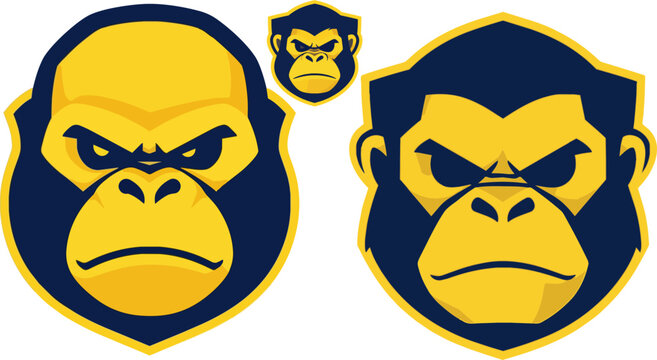 Aggressive gorilla mascot vector set, fierce monkey head sports logos, navy and yellow primate shield emblems for gaming teams