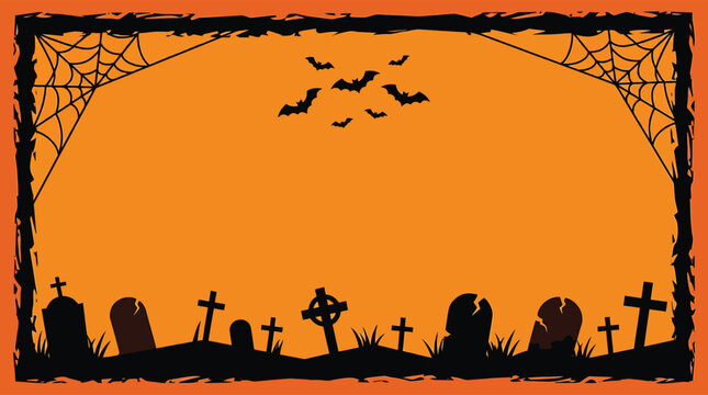 A spooky and eerie halloween background featuring a graveyard scene with bats flying under a full moon perfect for festive decorations and designs