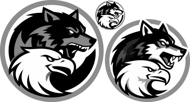 Aggressive wolf and eagle mascot logo, fierce animal head vector set, black and white sports team emblem, predatory wildlife circular badge