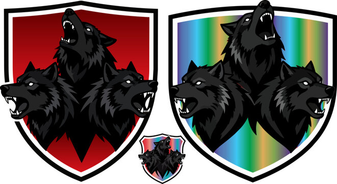Cerberus wolf head mascot logo set, mythical three headed black wolf on shield, aggressive canine esports vector icons