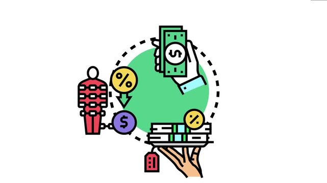 Business owner receiving funds and undertaking financial commitments, showing the cyclical process of borrowing money, paying interest, and managing debt in a corporate setting