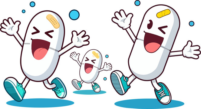 Kawaii pill cartoon characters running and laughing, happy medicine capsule mascot vector, cheerful pharmaceutical supplement illustration