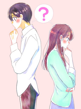疑問を持つ男女　背中合わせ