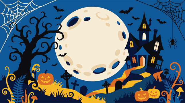 A spooky and delightful halloween scene a majestic full moon illuminates a haunted castle cobwebs and jack o' lanterns in a mystical nightscape