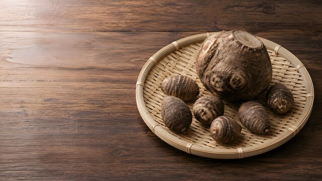 fresh satoimo taro roots with large parent corm on a bamboo tray